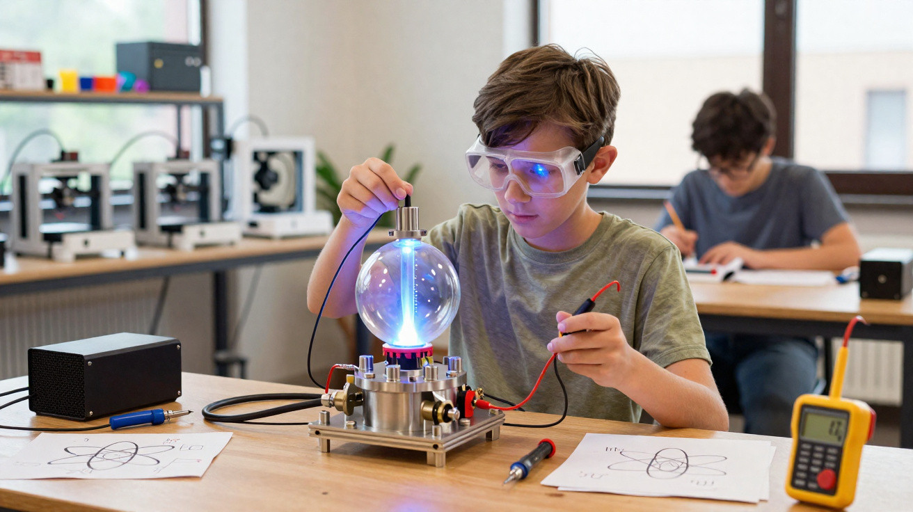 Criança em aula de ciência usando óculos de proteção e manipulando equipamento eletrónico com plasma azul.