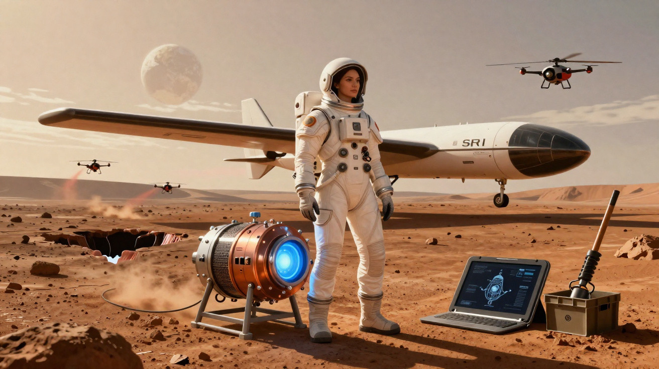 Astronauta numa paisagem marciana com equipamento tecnológico, drone no ar e nave espacial ao fundo.