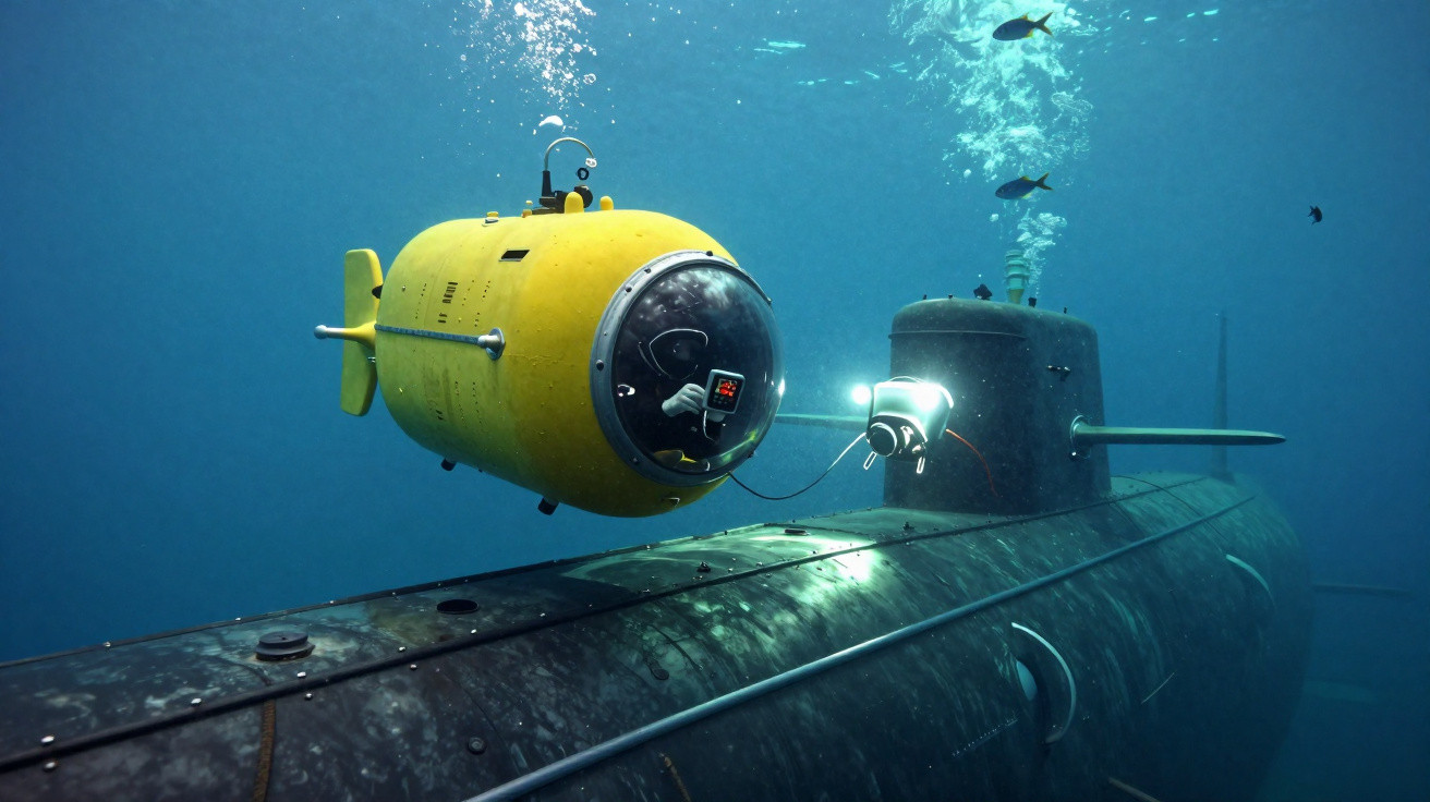 Submarino amarelo pequeno com tripulante aproxima-se de submarino grande no fundo do mar.