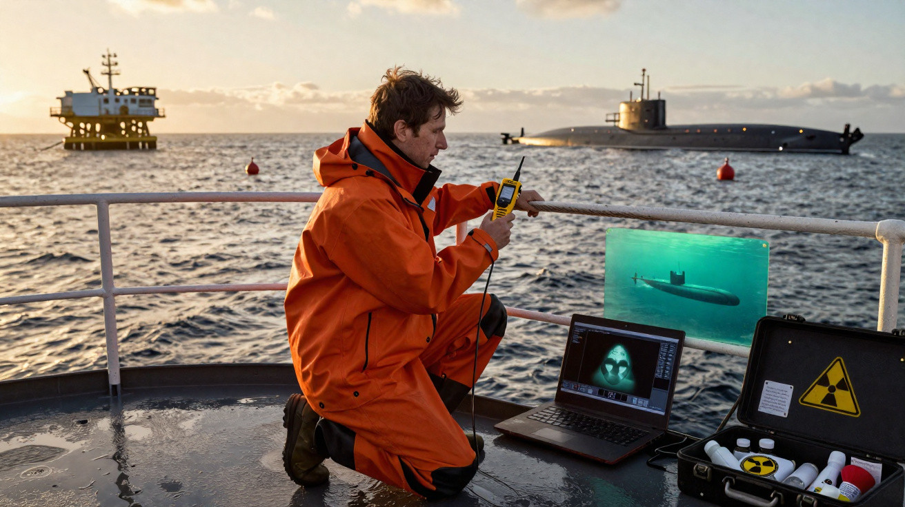 Homem de fato laranja em barco com computador e equipamentos a monitorizar submarino no mar ao pôr do sol.