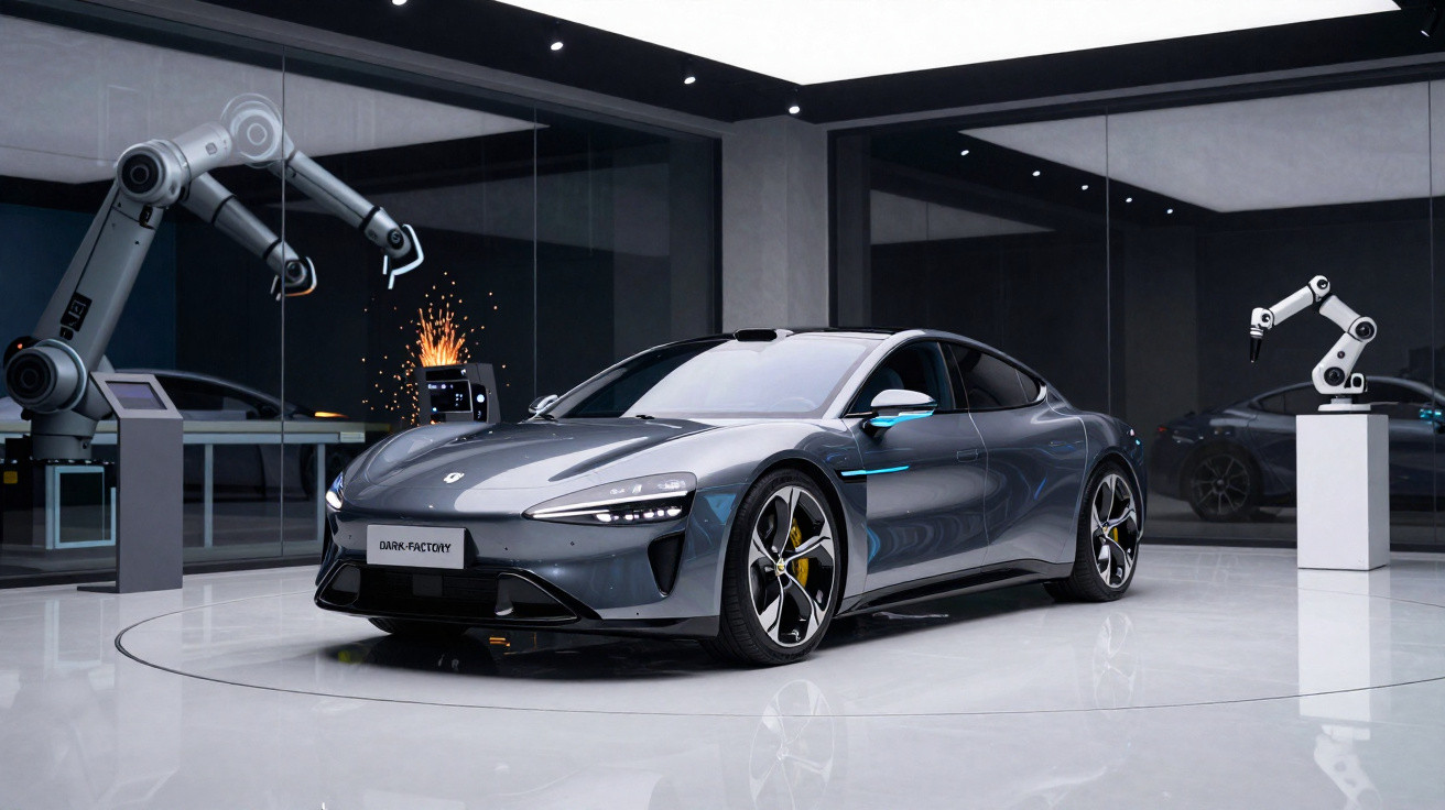 Carro desportivo elétrico cinza numa sala moderna com braços robóticos e vidro reflexivo.