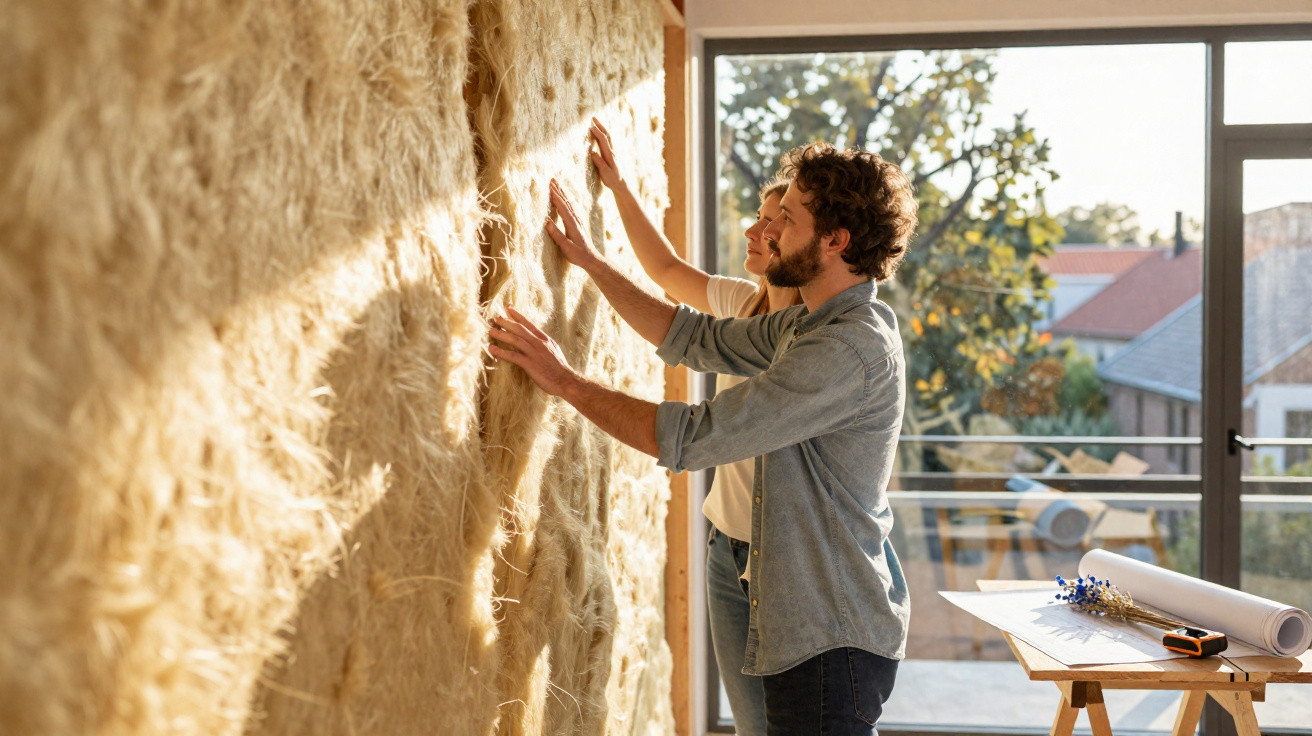 Dois homens a instalar isolamento térmico contra uma parede interior numa casa iluminada pelo sol.