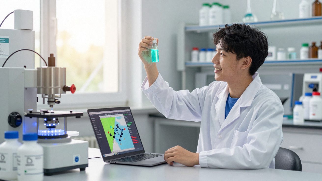 Cientista em laboratório a analisar líquido azul num frasco, com computador e equipamentos científicos à sua frente.