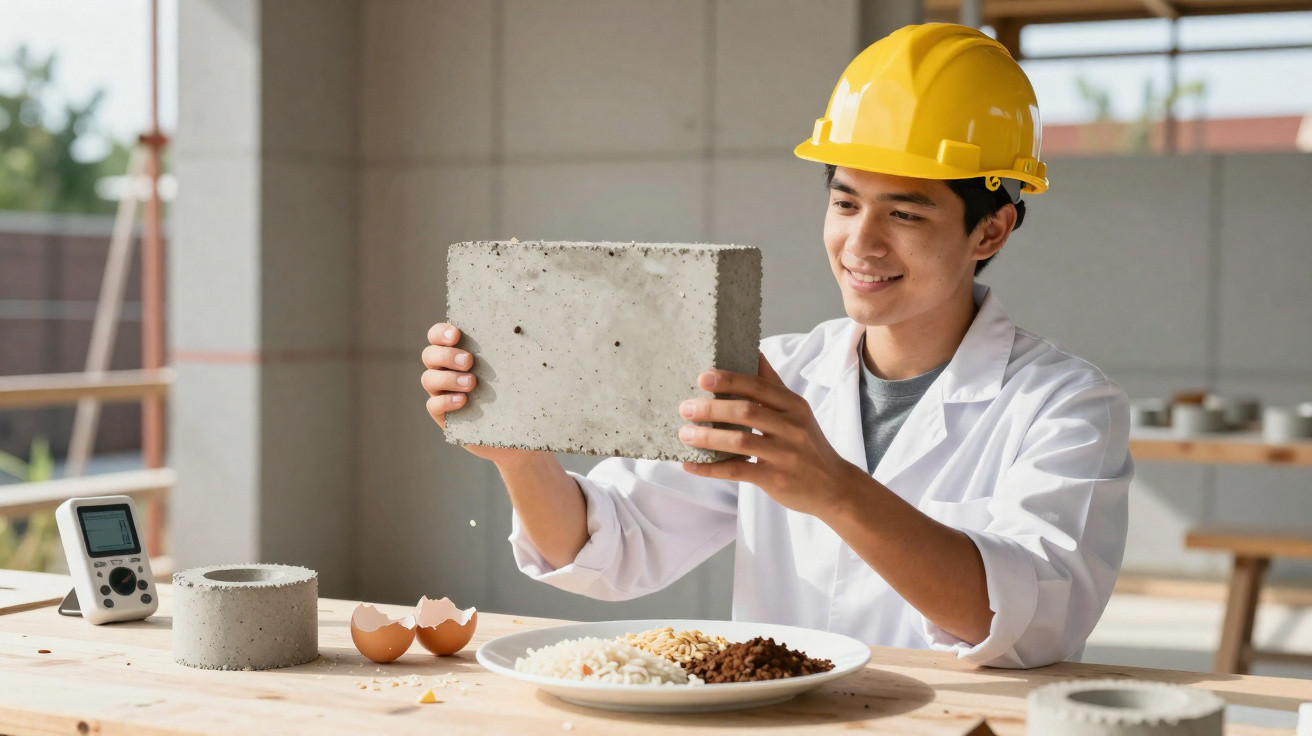 Jovem com capacete amarelo segura bloco de cimento sorridente em laboratório de materiais de construção.