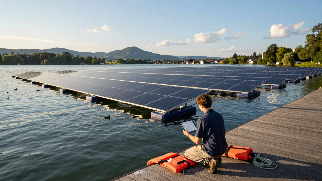 Homem verifica painel solar flutuante num lago com montanhas e casas ao fundo ao pôr do sol.