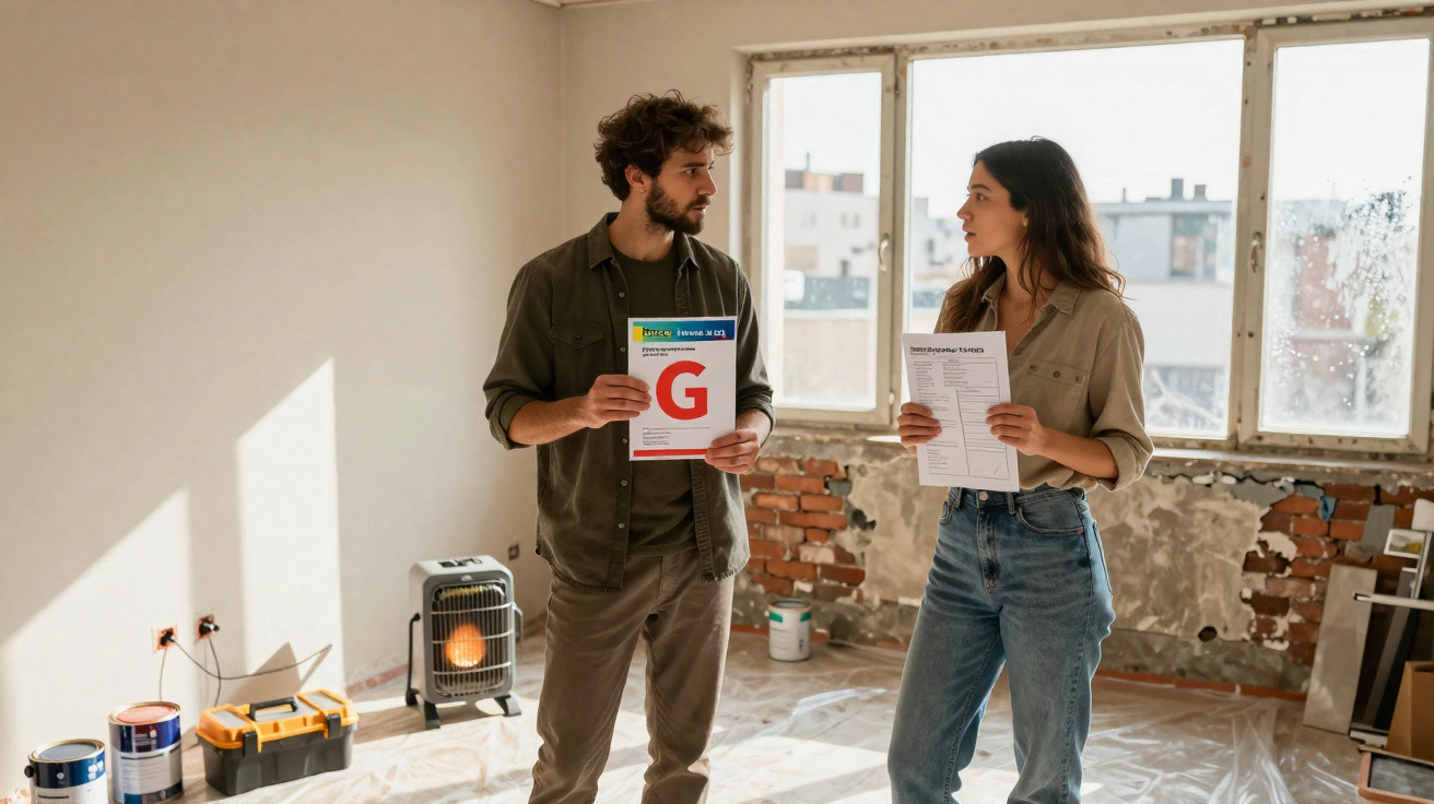 Casal discute documentos numa divisão em obras com tintas e ferramentas no chão.