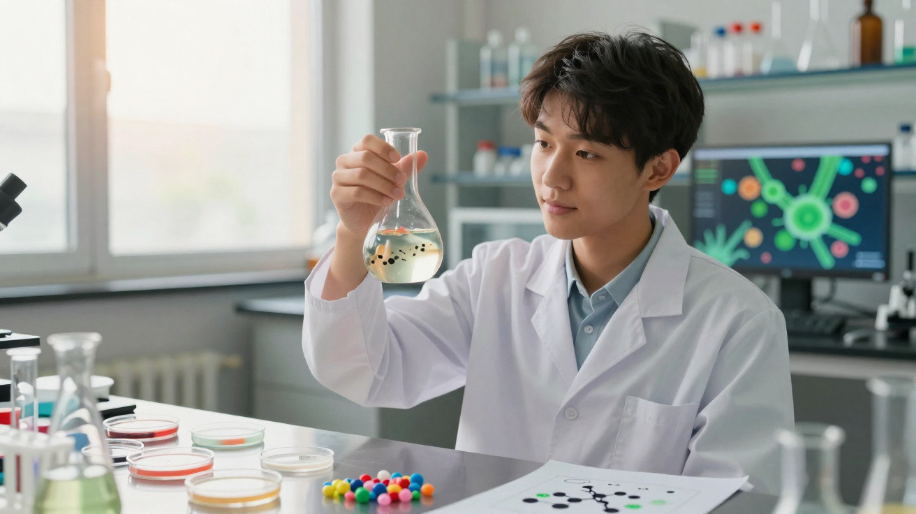 Cientista em bata branca analisa líquido com partículas pretas em laboratório moderno.