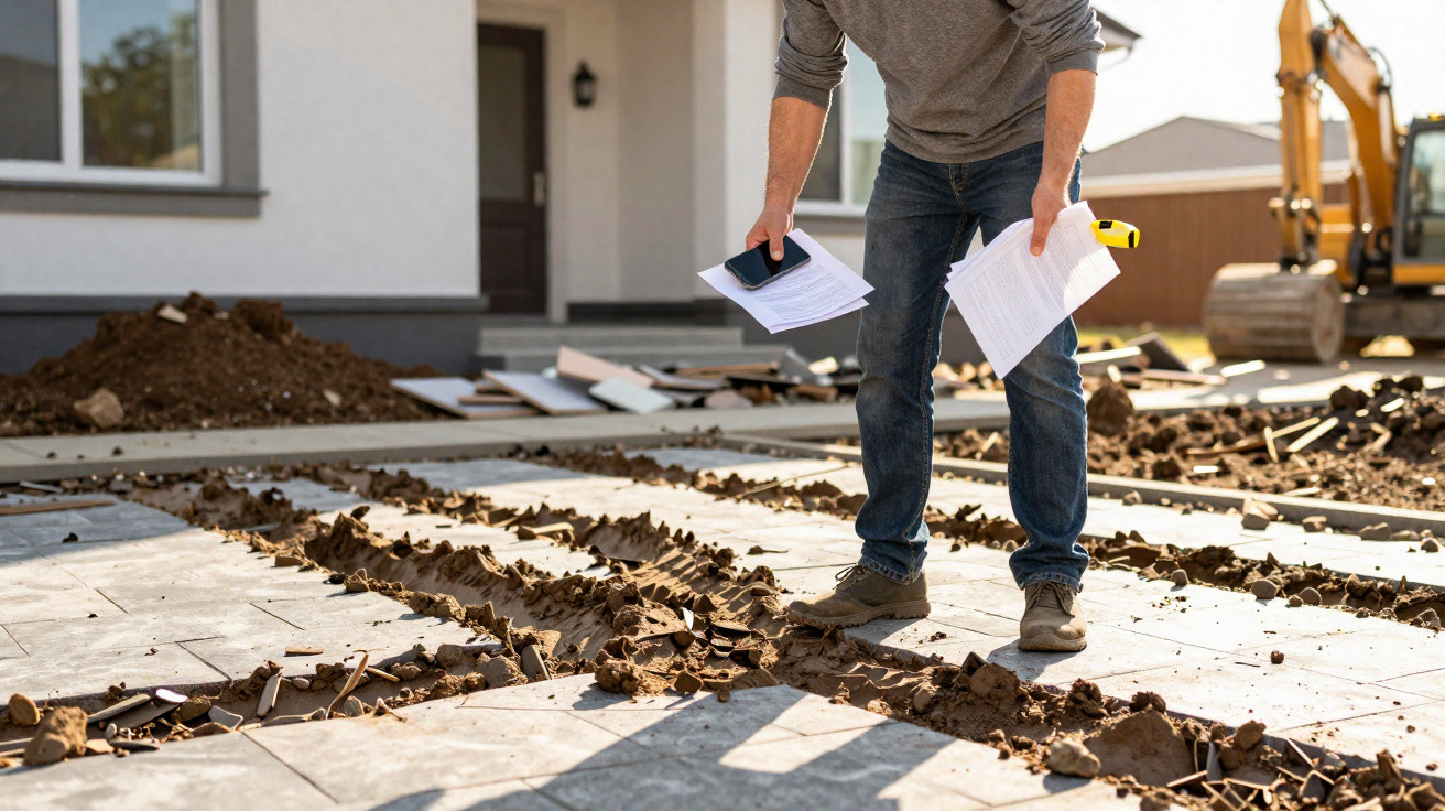 Homem com documentos inspeciona obras na entrada de casa com terra e máquinas de construção ao fundo.