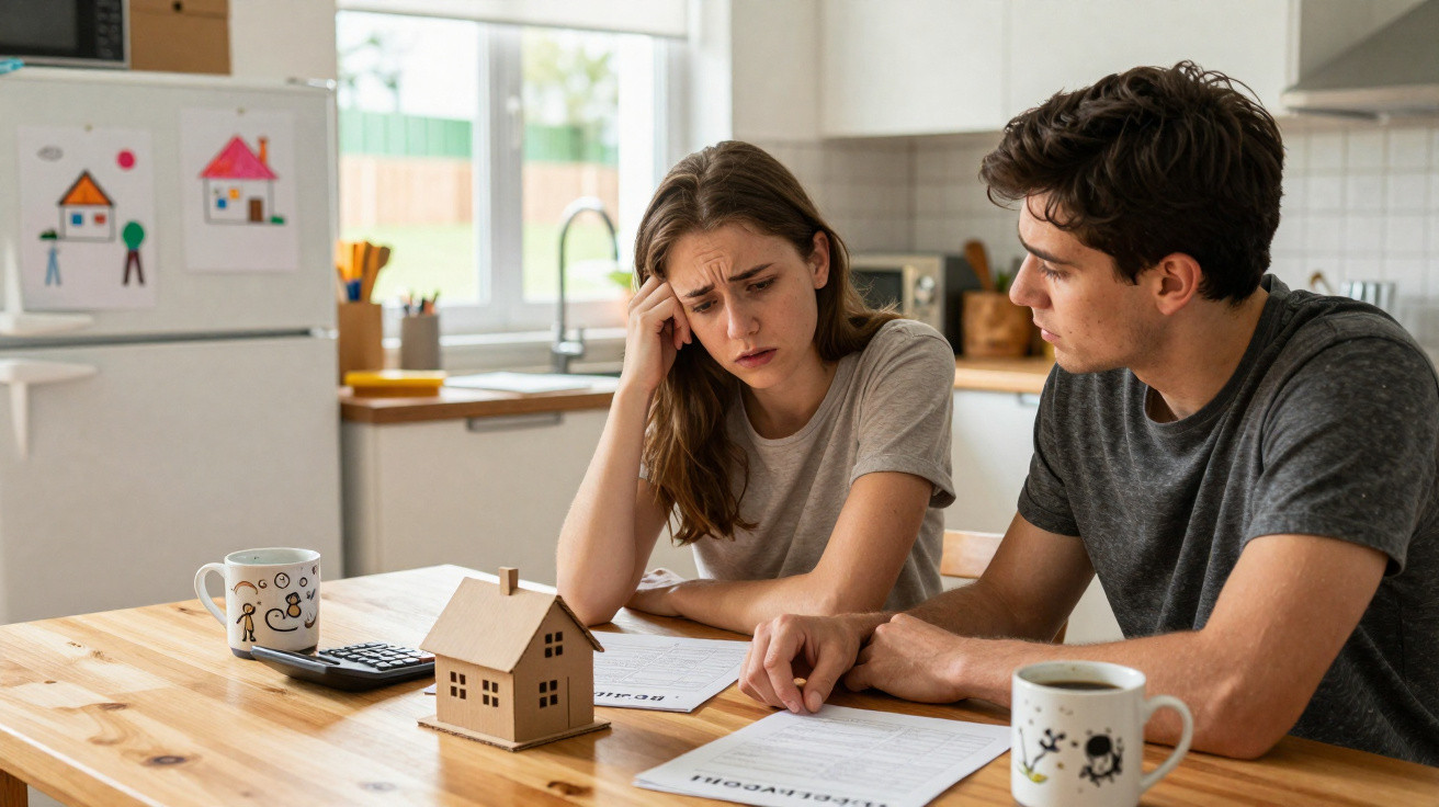 Casal preocupado analisa documentos financeiros na cozinha com miniatura de casa e uma calculadora na mesa.