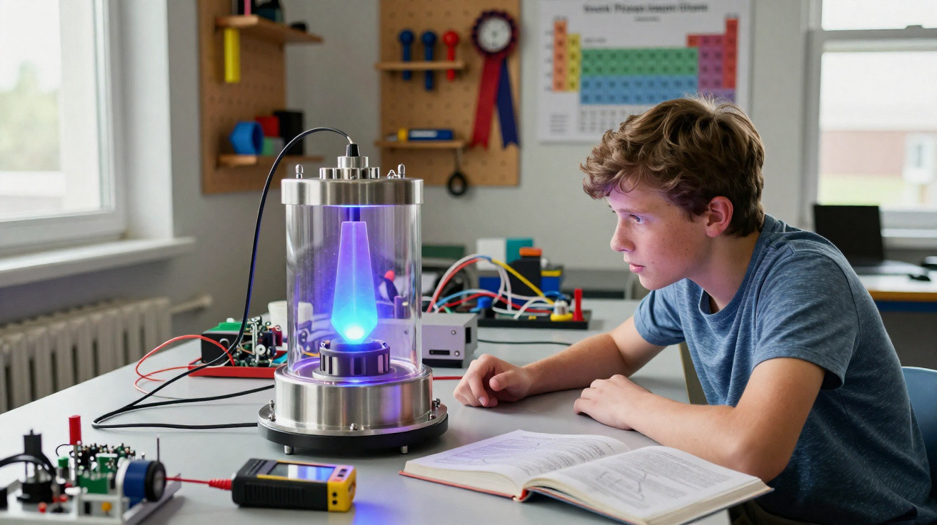 Rapaz a observar experimento científico com luz azul num laboratório escolar, com livros e equipamentos à sua frente.
