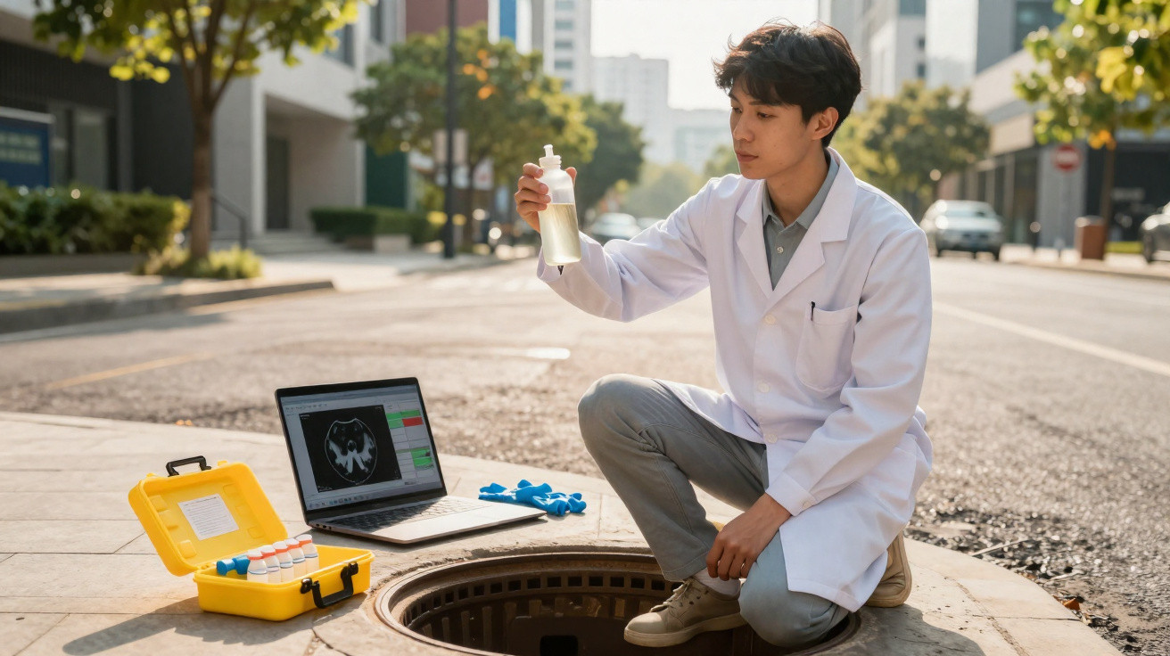 Homem de bata branca examina amostra junto a sistema de esgoto com laptop e material de laboratório na rua.