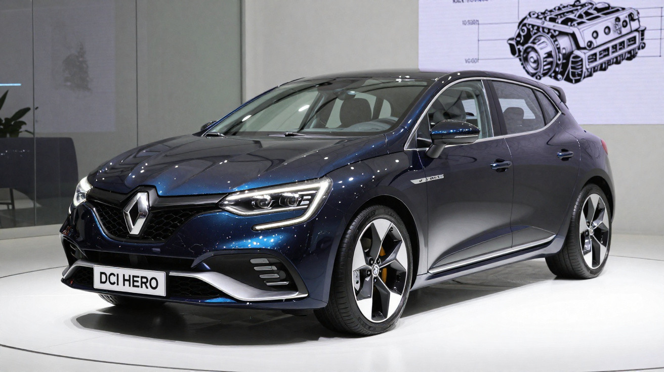 Renault DCI Hero azul escuro exibido numa exposição automóvel com desenho técnico de motor atrás.