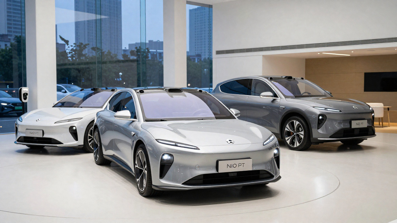 Três carros elétricos NIO PT em exposição num showroom moderno com grandes janelas.