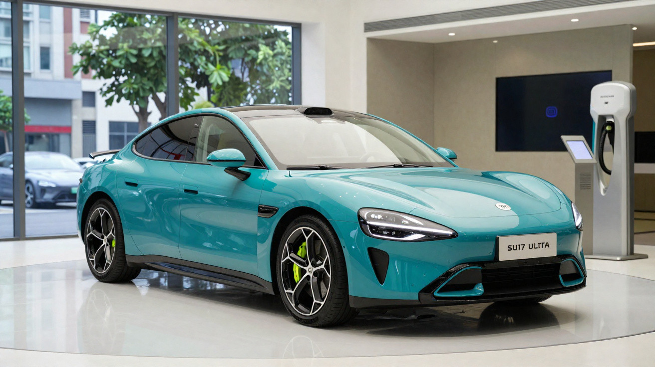 Carro elétrico desportivo azul exposto em showroom moderno com estação de carregamento ao fundo.