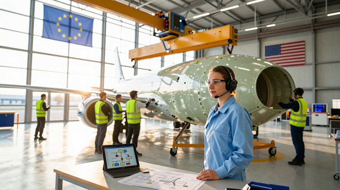 Engenheira com headset numa fábrica com avião em montagem e trabalhadores ao fundo.