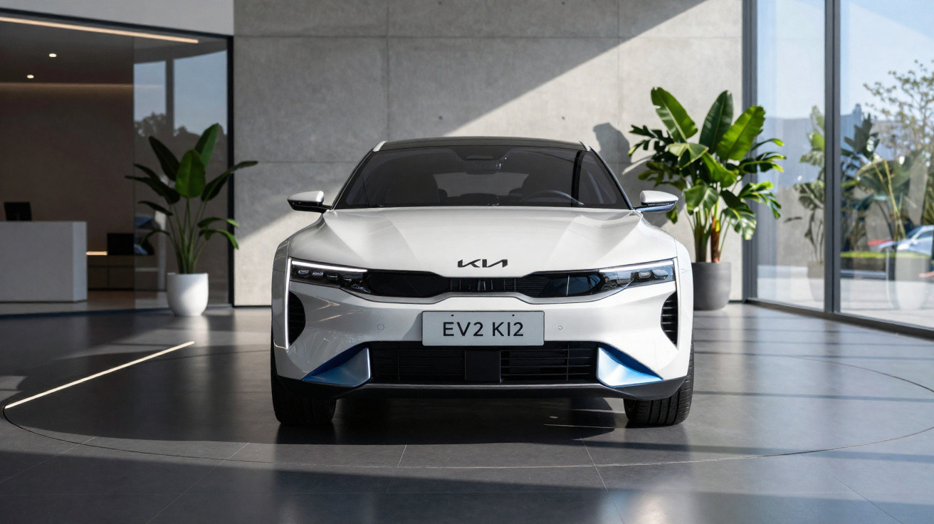 Carro elétrico branco Kia EV2 KI2 em exposição num showroom moderno com plantas decorativas.