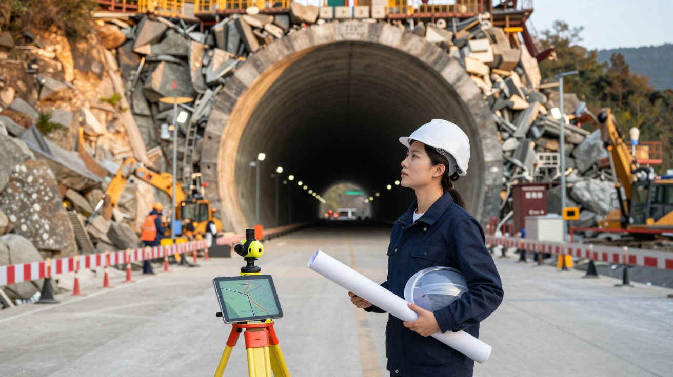 Engenheira com capacete e plantas na mão em obra de construção de túnel rodoviário em zona montanhosa.