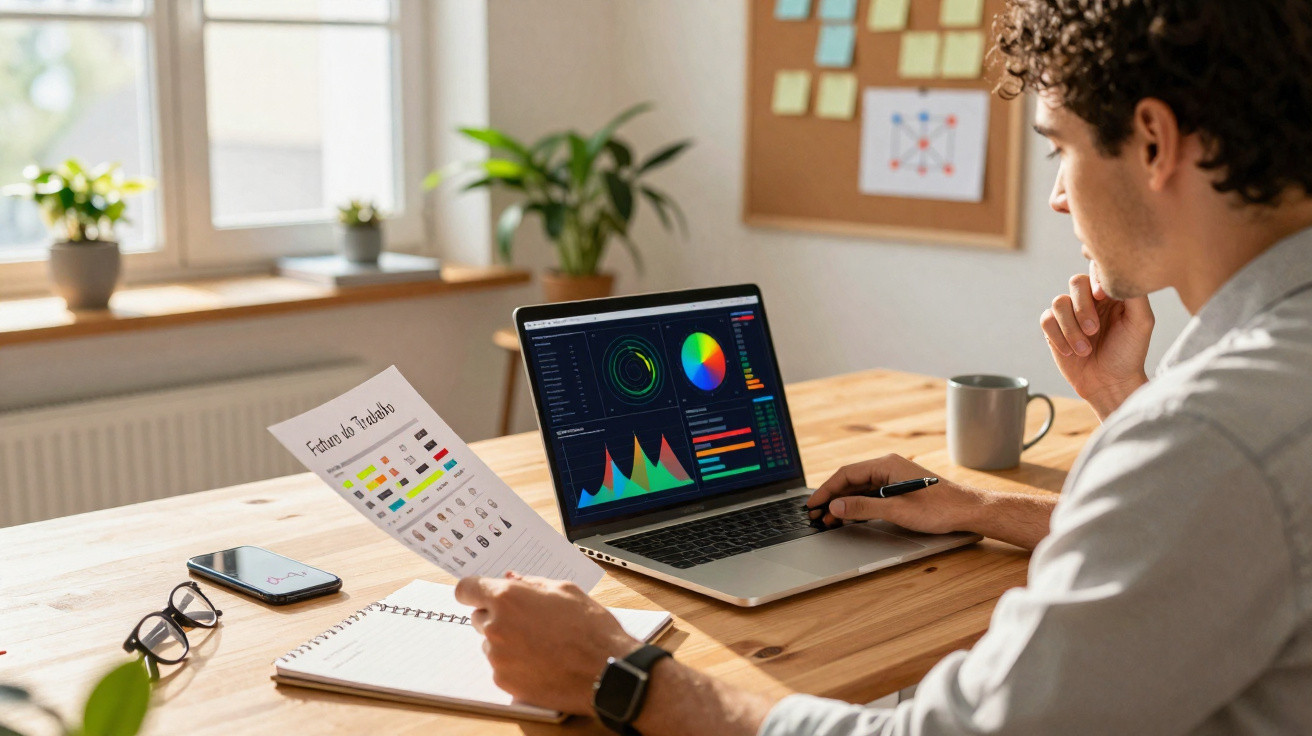 Pessoa a analisar gráficos no computador e em folha impressa numa mesa com objetos pessoais e cadernos.
