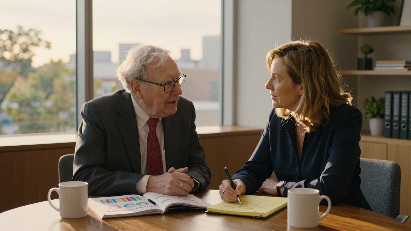 Homem e mulher em reunião de negócio, com documentos e canecas sobre a mesa, numa sala iluminada.