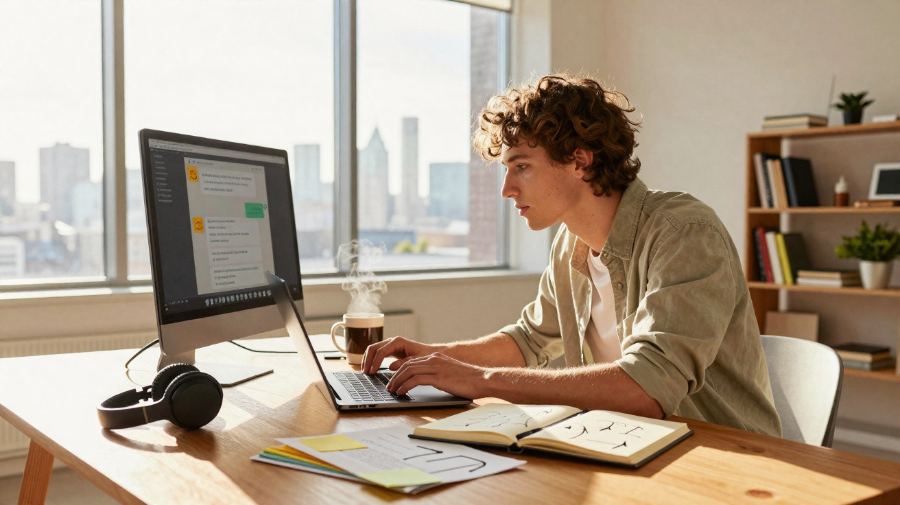 Jovem a trabalhar num laptop numa mesa com computador, cadernos, auscultadores e vista para a cidade.