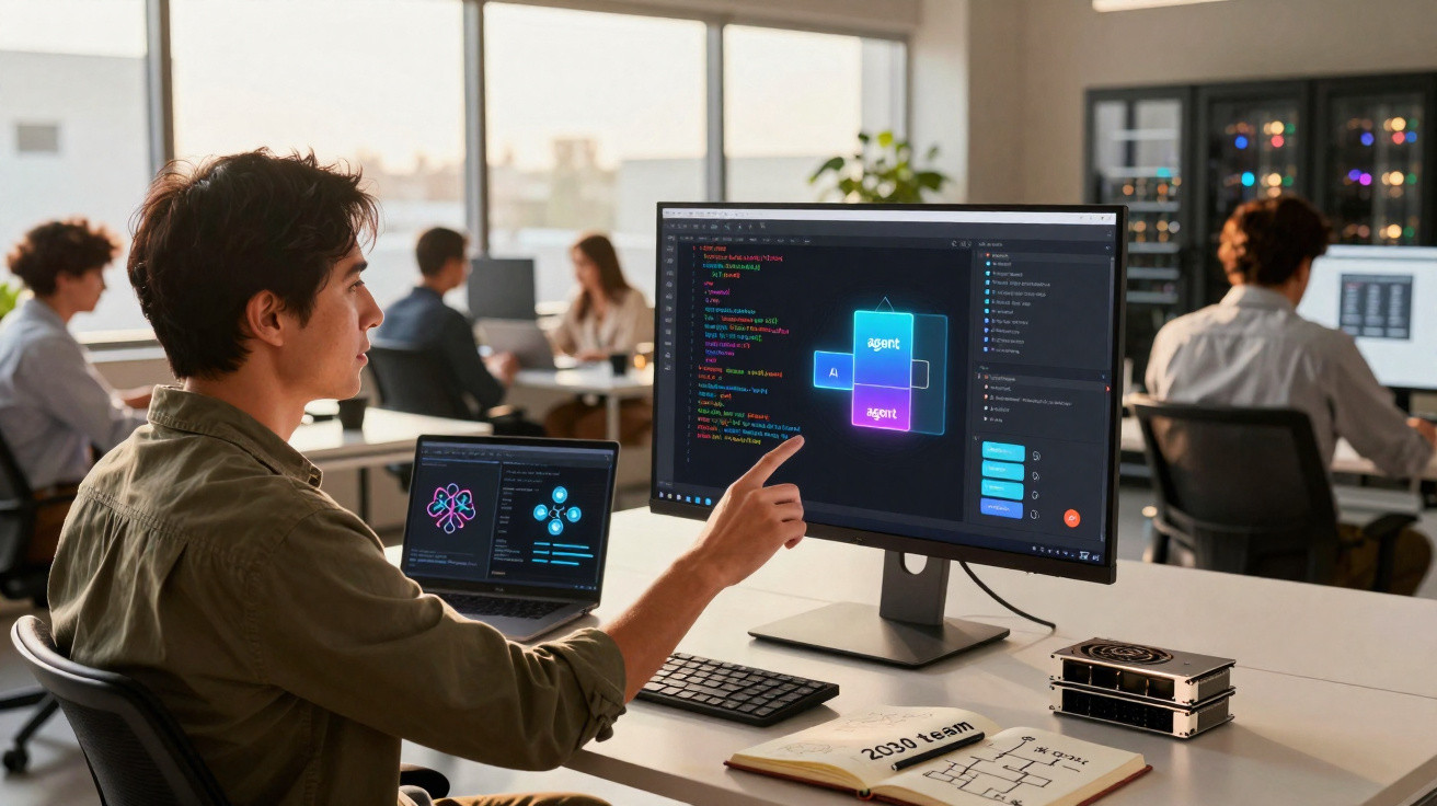 Programador a apontar para código num ecrã de computador numa equipa de trabalho num escritório moderno.