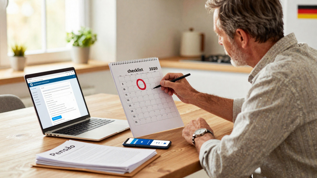 Homem sentado numa mesa a riscar uma data num calendário, com portátil, telemóvel e documentos à sua frente.