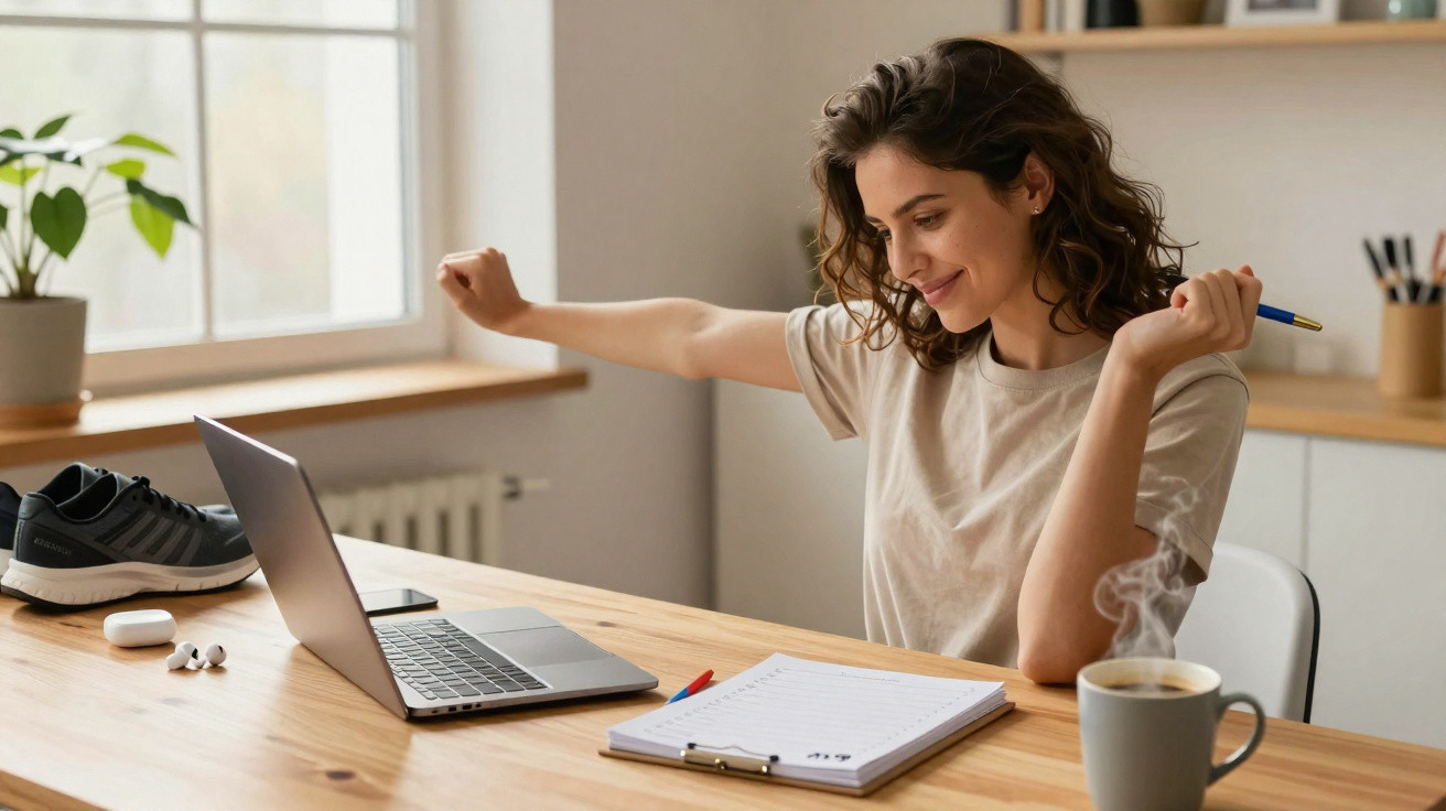 Mulher a alongar-se sentada à secretária com computador, bloco de notas e chá quente ao lado.
