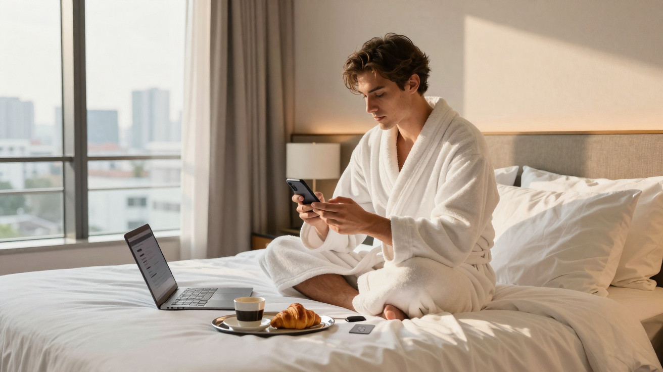 Homem de roupão branco sentado na cama a usar telemóvel, com computador e pequeno-almoço na cama.