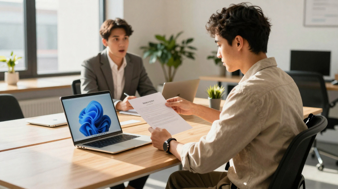 Dois homens numa entrevista de emprego, um a analisar um currículo e o outro a responder sentado numa mesa de escritório.