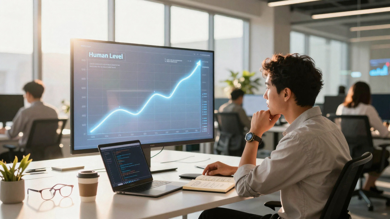 Pessoa a analisar gráfico de crescimento num monitor num escritório moderno com várias pessoas ao fundo.