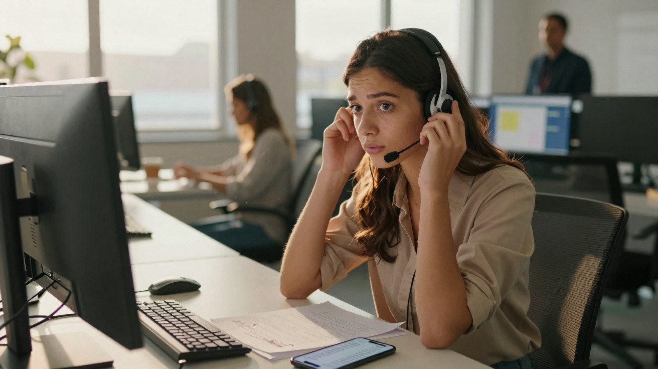 Mulher jovem com auscultadores a trabalhar num escritório moderno com computadores e colegas ao fundo.