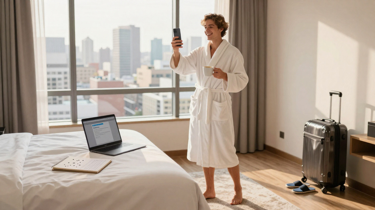 Jovem de roupão branco segura chávena e telefone, sorrindo, em quarto de hotel com vista urbana.