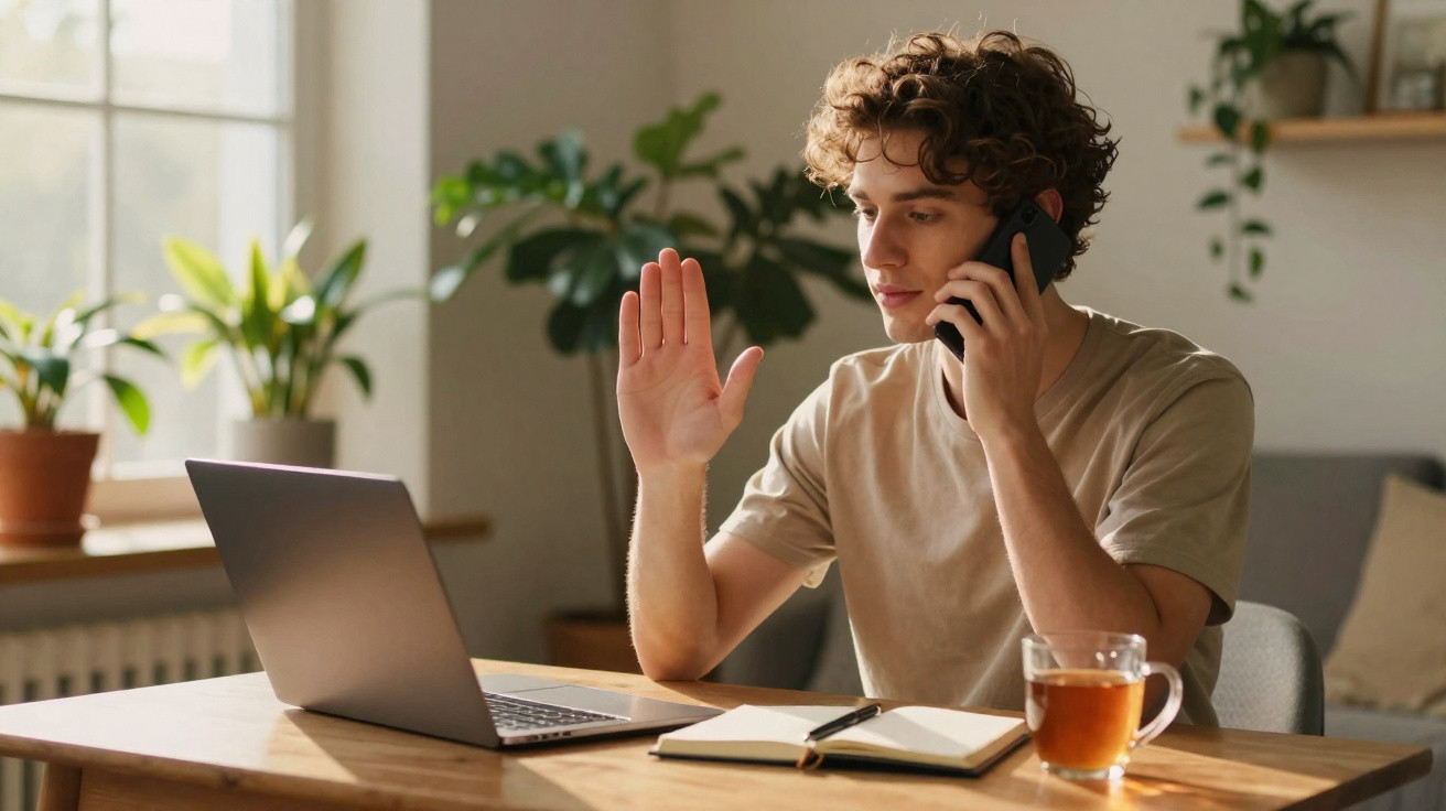 Jovem a falar ao telemóvel e acenar para o computador num ambiente acolhedor em casa.