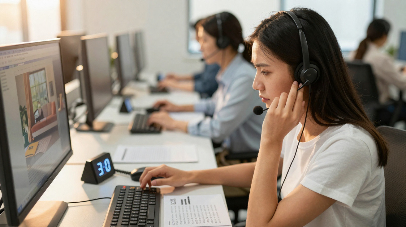 Jovem com auscultadores num call center a trabalhar no computador durante o dia.