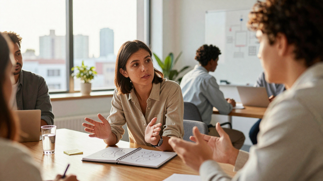 Grupo diverso de pessoas a discutir e planear numa reunião de trabalho com notebook e caderno.