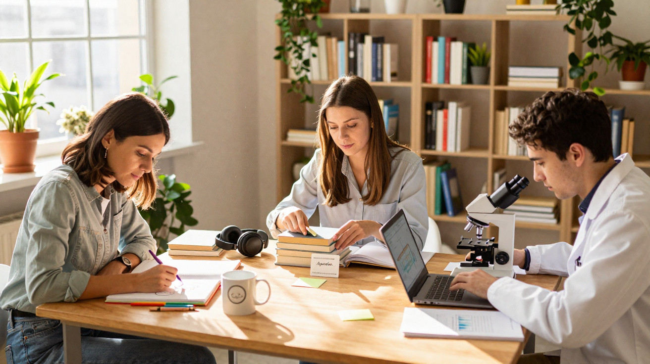 Três jovens a estudar e trabalhar numa mesa com livros, portátil, microscópio e plantas ao fundo.