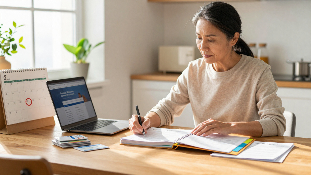 Mulher a estudar sentada à mesa com caderno, laptop, calendário e documentos numa cozinha iluminada.