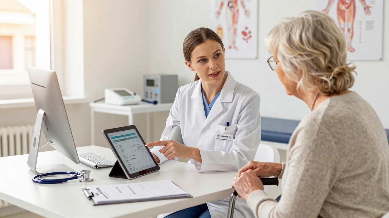 Médica mostra tablet a paciente idosa durante consulta num consultório médico iluminado.