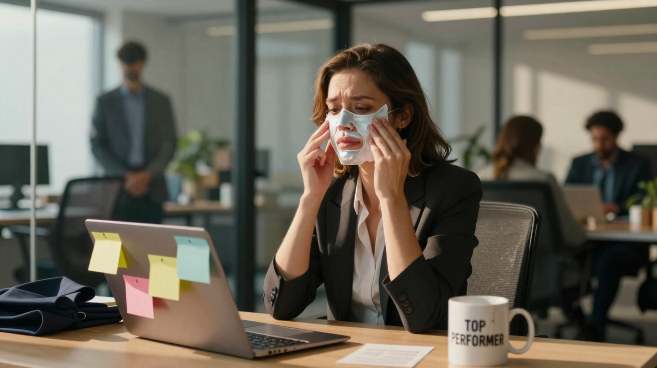Mulher de negócios a aplicar máscara facial numa pausa no escritório moderno.