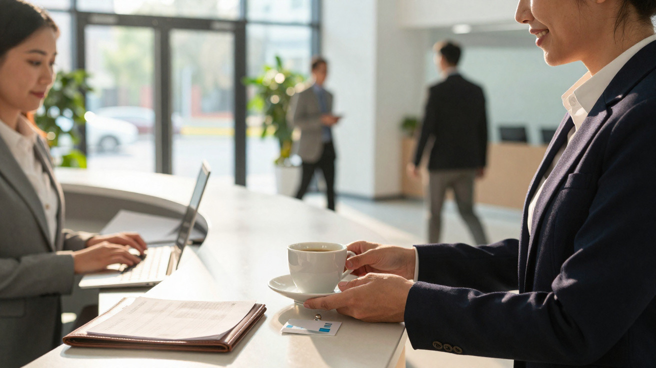 Pessoa de negócios com chávena de café na receção de um escritório moderno com outras pessoas ao fundo.