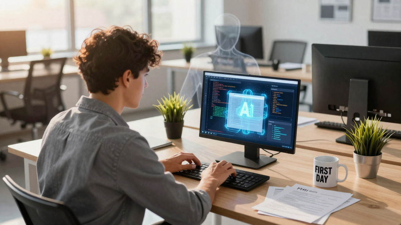 Jovem a programar num computador, com imagem holográfica de IA no ecrã, numa mesa com plantas e caneca "First Day".