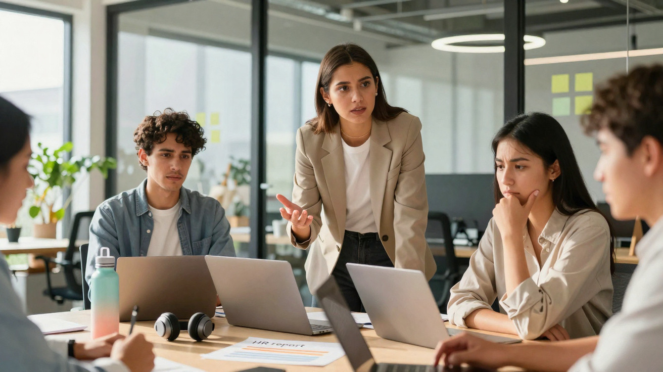 Jovens em reunião de trabalho com laptops e documentos numa sala de escritório moderna.