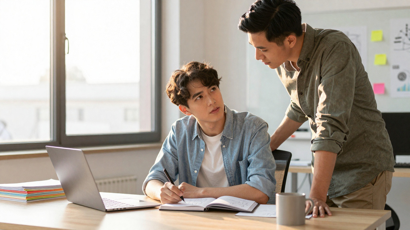 Dois jovens a colaborarem em projeto com computador e caderno numa mesa de escritório iluminado.