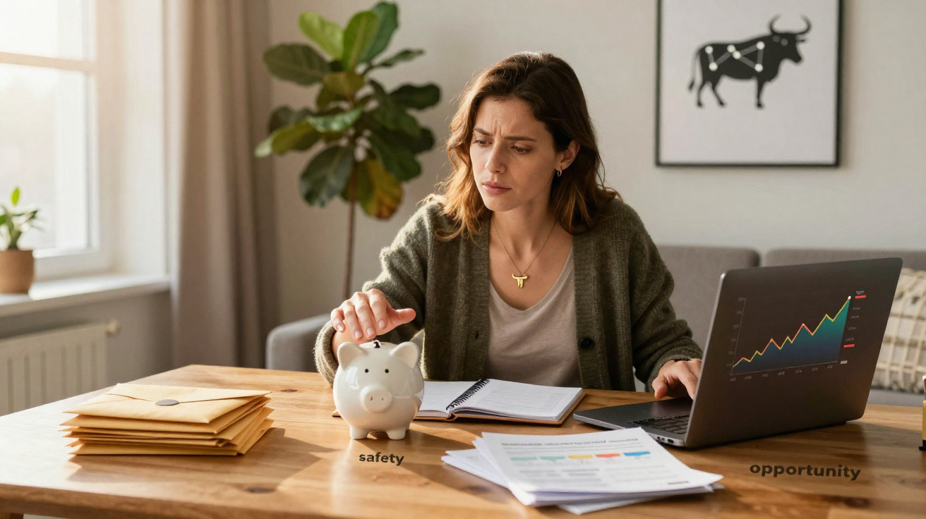 Mulher séria ao computador a analisar finanças com mealheiro, documentos e envelopes numa mesa de madeira.