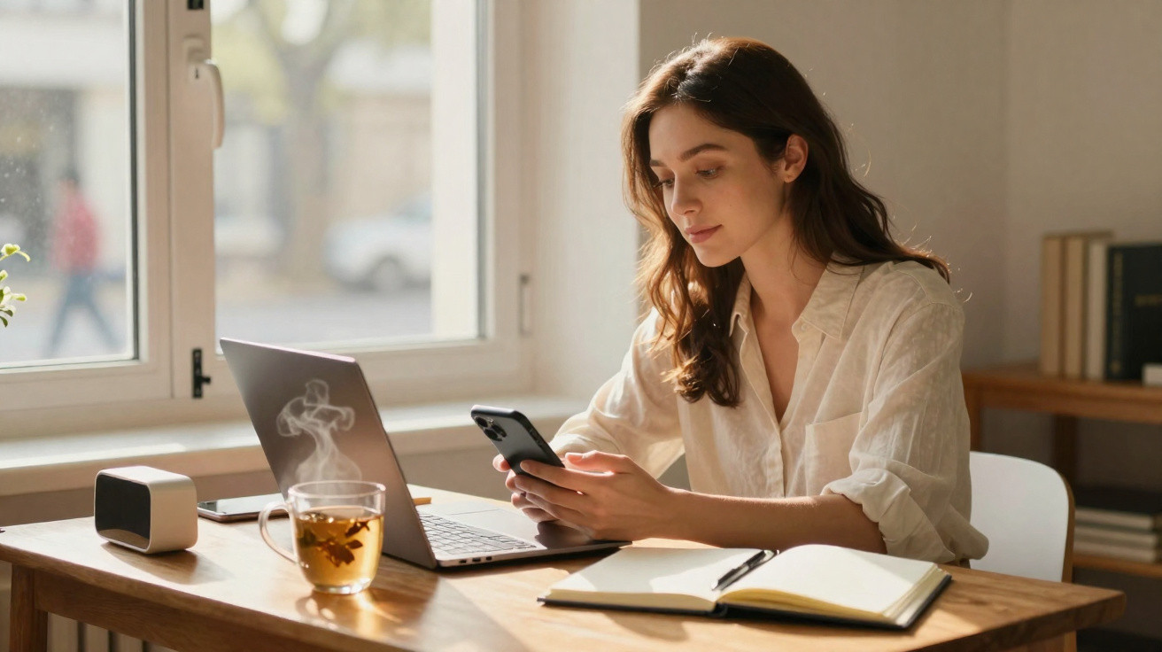 Mulher sentada a trabalhar num laptop, a usar telemóvel, com chá e caderno numa mesa junto à janela.