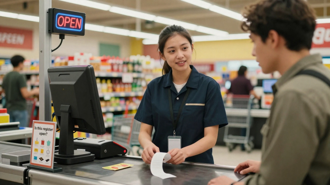 Funcionária no caixa de supermercado a atender cliente, com sinal luminoso aberto visível.
