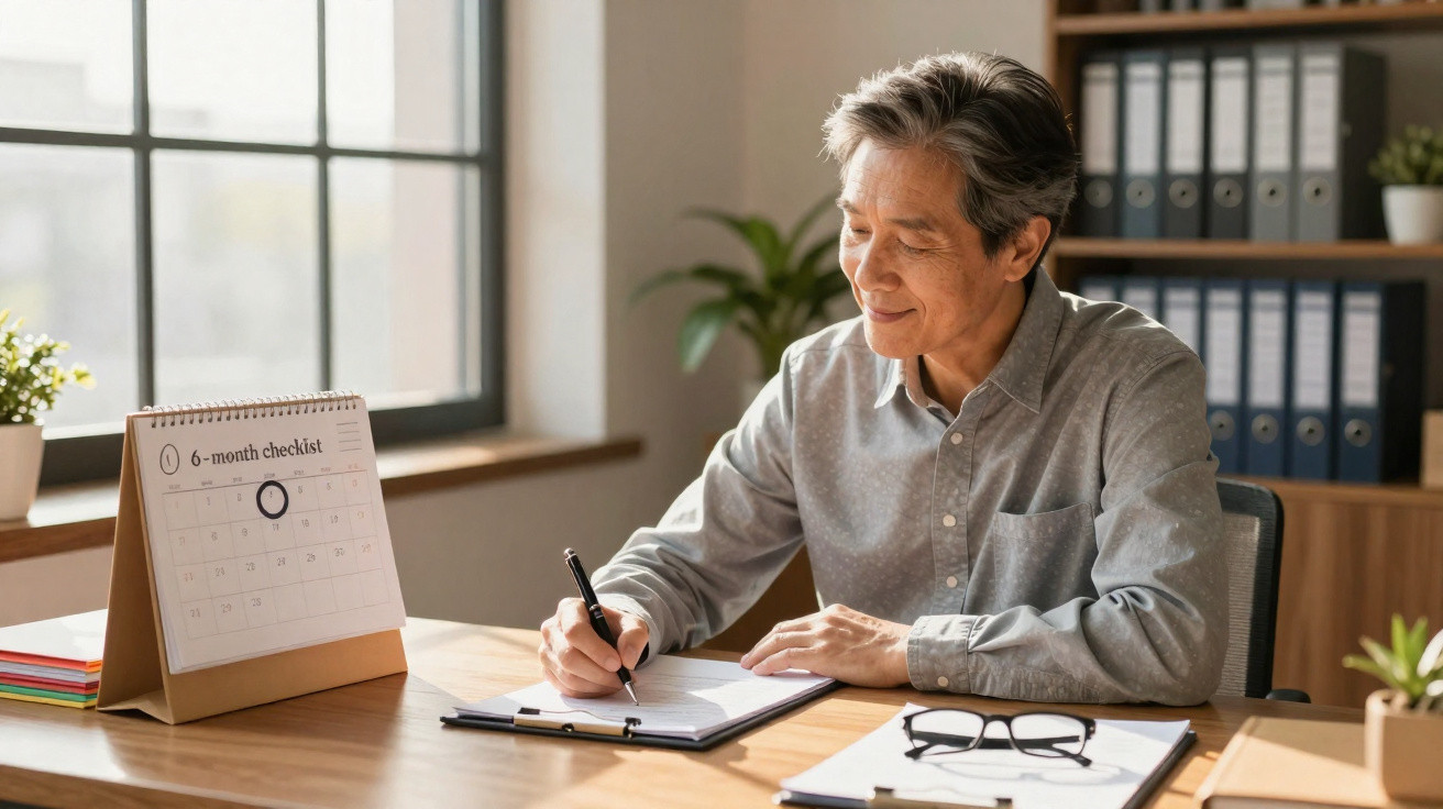 Homem sentado a escrever num caderno numa mesa com calendário e objetos de escritório à sua frente.