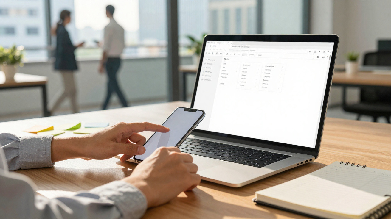 Pessoa a usar smartphone e computador portátil num escritório com pessoas ao fundo.