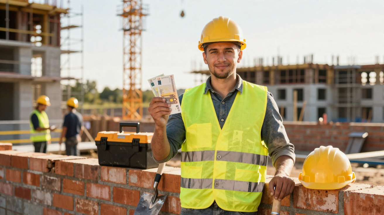 Trabalhador de construção civil com colete e capacete amarelo a segurar notas de euro numa obra.