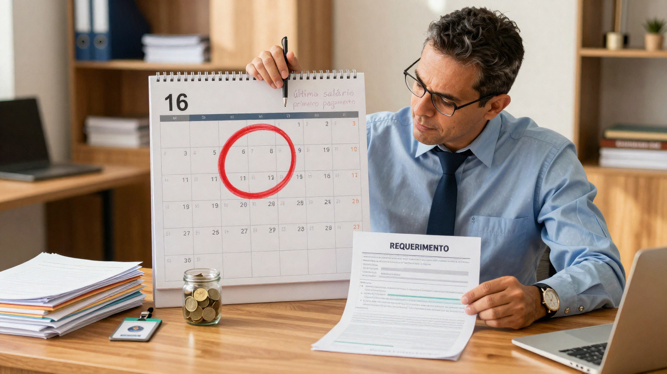 Homem de negócios mostra calendário com data marcada a vermelho e documento de requerimento no escritório.